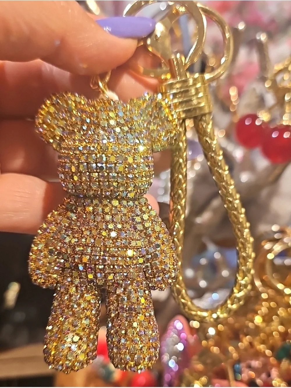 Natasha Couture Gold Multicolor Crystal Teddy Bear Keychain bag charm new